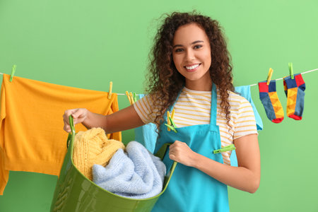 Young African-American woman with laundry basket and clothespins on green backgroundの写真素材