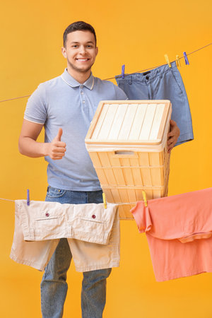 Young man with basket, hanging laundry and plastic clothespins showing thumb-up on yellow backgroundの写真素材