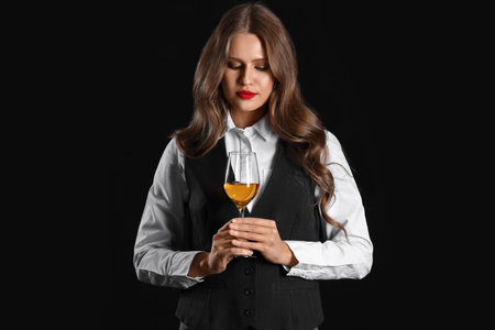 Beautiful female sommelier with wine on black backgroundの写真素材
