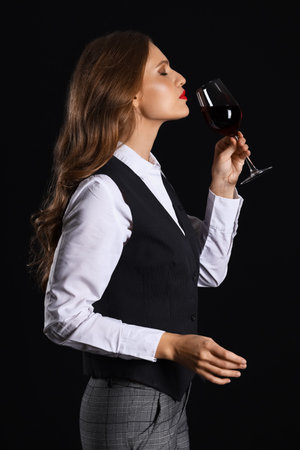 Beautiful female sommelier with wine on black backgroundの写真素材