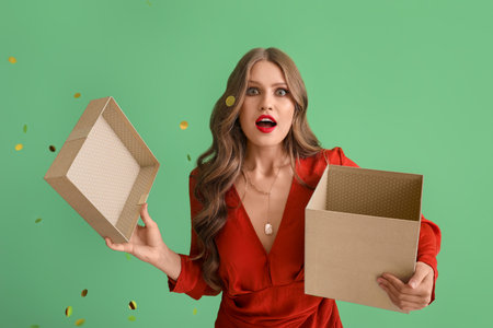 Surprised young woman with gift on green background