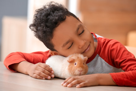 Little African-American boy with cute guinea pig at homeの写真素材