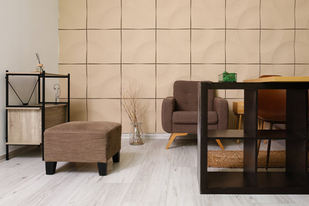 Interior of stylish dining room with black table and armchairsの写真素材