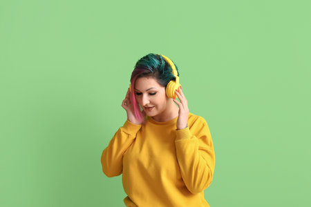 Beautiful woman with unusual hair listening to music on green backgroundの写真素材