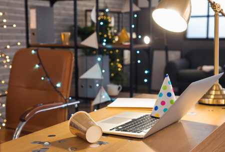 Interior of messy office after party celebration