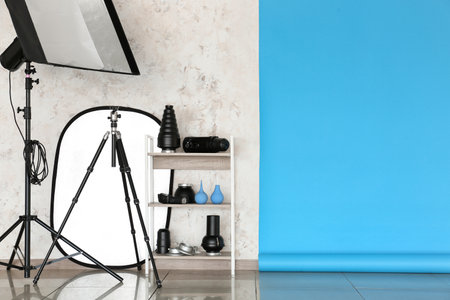 Lighting equipment and cyclorama in modern photo studioの写真素材
