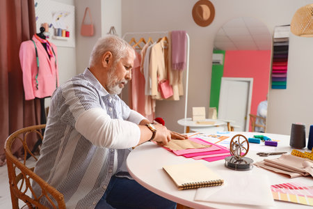 Mature fashion designer working with fabric at table in studioの写真素材