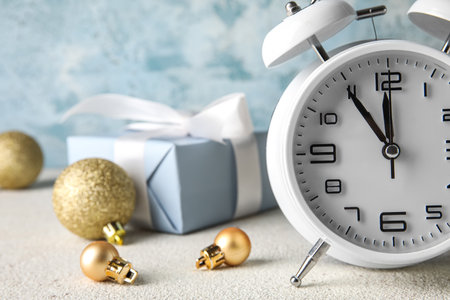 White New Year clock on table, closeup