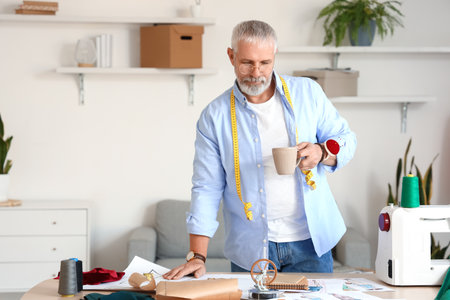 Mature fashion designer with cup of coffee in studioの写真素材