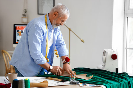 Mature fashion designer working with pattern and fabric at table in studioの写真素材