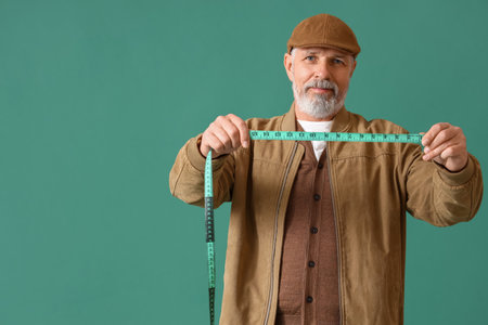 Mature fashion designer with measuring tape on green background