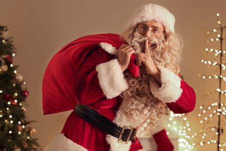 Santa Claus with bag showing silence gesture in room on Christmas eveの写真素材
