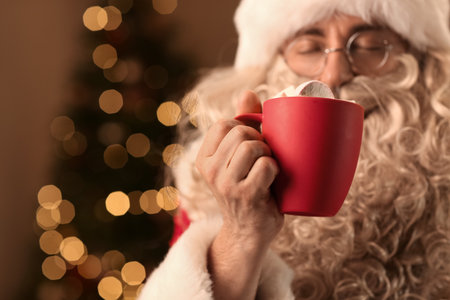 Santa Claus holding cup of hot cocoa with marshmallows in room on Christmas eve, closeupの写真素材