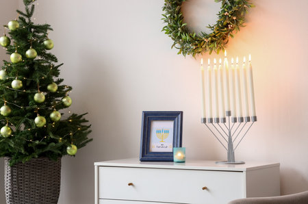 Interior of room decorated for Hanukkah celebrationの写真素材