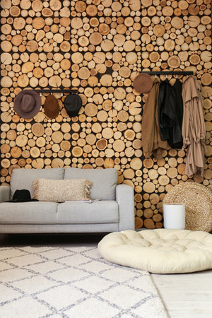 Comfortable sofa, pouf and hangers on wooden wall in modern room interior