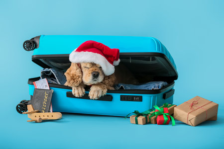 Adorable dog with suitcase, passport and ticket on color backgroundの写真素材