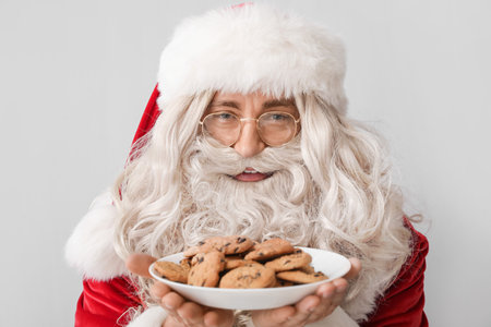 Santa Claus with tasty cookies on light backgroundの写真素材