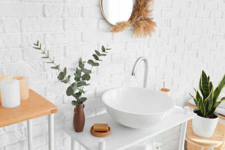 Beautiful interior of modern bathroom with sinkの写真素材