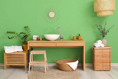 Interior of stylish bathroom with sink, supplies and green wallの写真素材