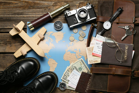 Guide's supplies with shoes, passports and money on dark wooden backgroundの写真素材