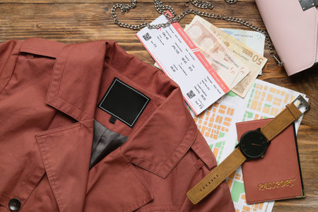Guide's belongings with ticket on wooden backgroundの写真素材