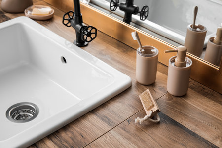 Bath accessories and sink on table near mirror, closeupの写真素材