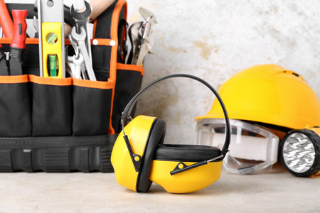 Hearing protectors on light background, closeupの写真素材