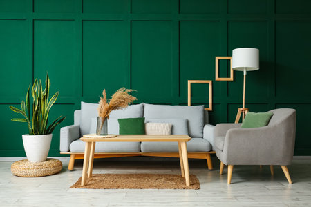 Interior of stylish living room with sofa, armchair and standing lampの写真素材