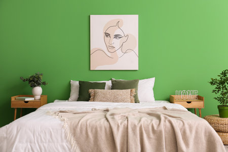 Interior of stylish room with big bed and wooden tablesの写真素材