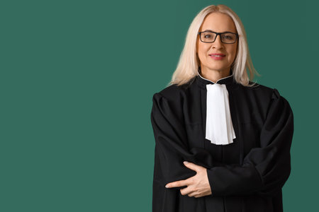 Mature female judge in robe on green backgroundの写真素材