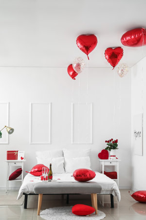 Interior of bedroom decorated for Valentine's Day in the morningの写真素材