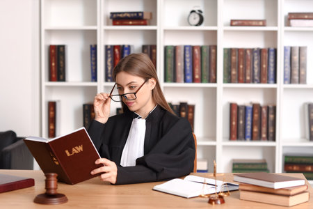 Female judge with book at workplace in courtroomの写真素材