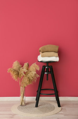 Stand with warm sweaters and pampas grass in vase near pink wallの写真素材