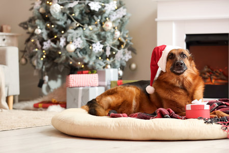 Cute German Shepherd dog in Santa hat and with gift at home on Christmas eveの写真素材