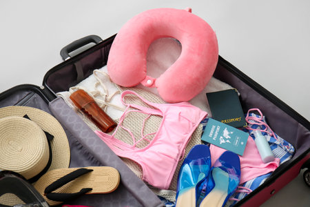 Suitcase with beach accessories and immune passport on light backgroundの写真素材