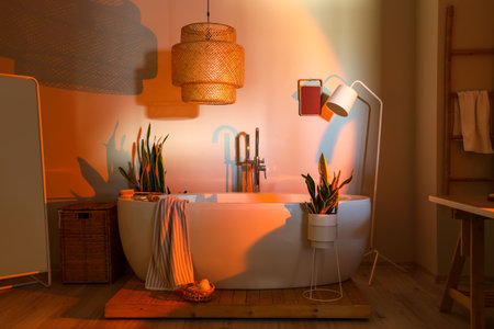 Interior of modern room with bathtub, lamps and houseplants in the evening