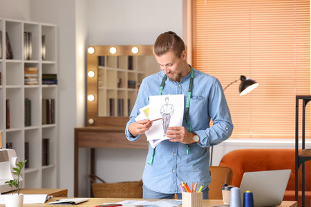 Young male clothes stylist working in studioの写真素材