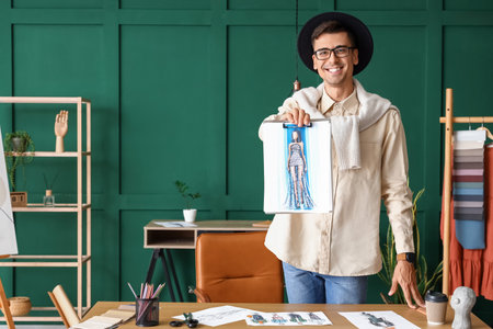 Male clothes stylist working in studioの写真素材