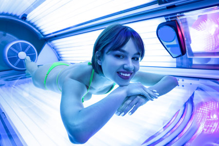 beautiful young woman on sunbedの写真素材