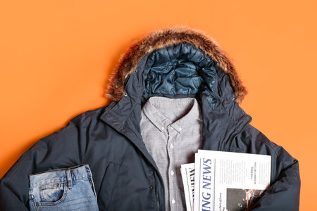 Stylish winter jacket, shirt, jeans and newspaper on color background