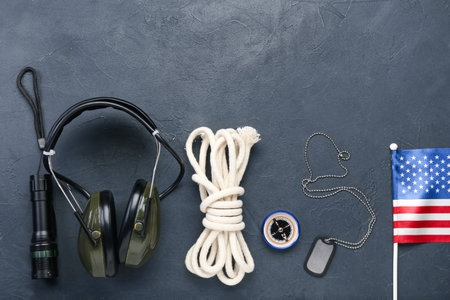 Modern military set and national flag of USA on dark backgroundの写真素材