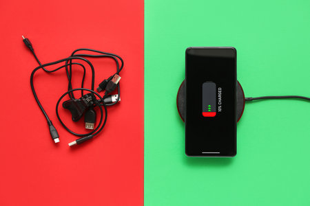Mobile phone charging on wireless pad and cables on color background