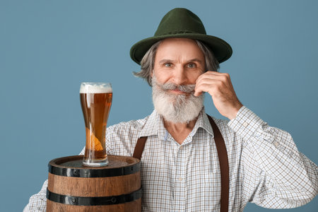 Handsome senior man in traditional German clothes and with beer on color backgroundの写真素材