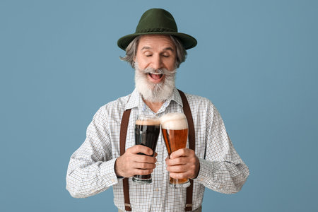 Handsome senior man in traditional German clothes and with beer on color backgroundの写真素材