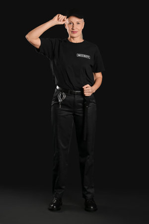 Female security guard on dark background