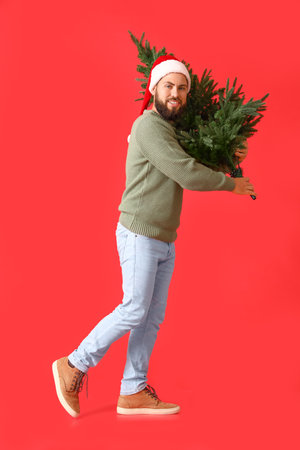 Walking man with Christmas tree on color backgroundの写真素材