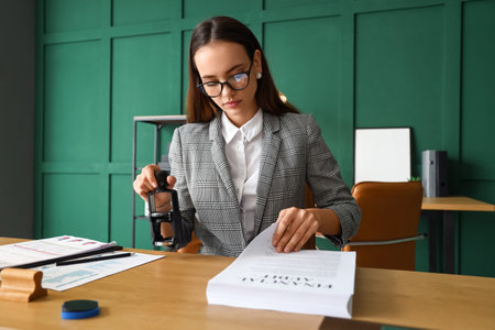 Female notary public attaching seal to documents in officeの写真素材