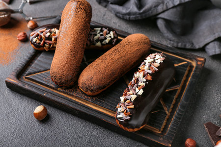 Wooden board with sweet chocolate eclairs on dark background, closeupの写真素材