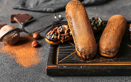 Wooden board with tasty chocolate eclairs on dark background, closeup