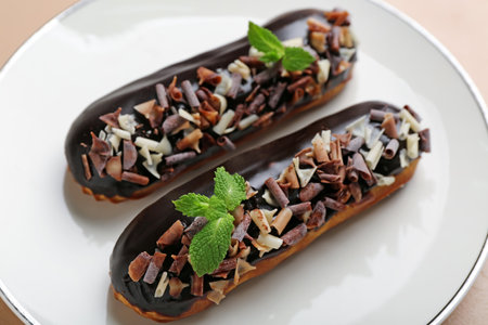 Plate with sweet chocolate eclairs, closeup